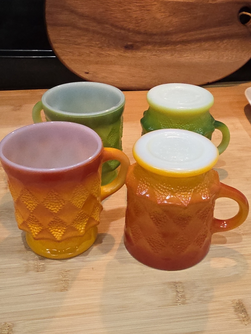 Fire King! Colorful Textured Tempered Milk Glass. Mugs Set — Orange & Green